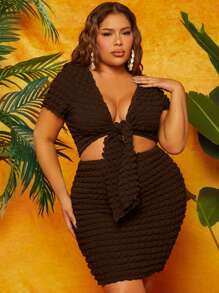 SHEIN SXY Plus Tie Front Solid Top - Chocolate Brown - View 3