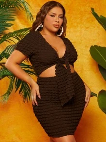 SHEIN SXY Plus Tie Front Solid Top - Chocolate Brown - View 1