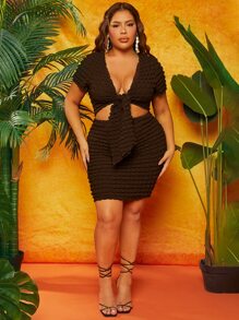 SHEIN SXY Plus Tie Front Solid Top - Chocolate Brown - View 4