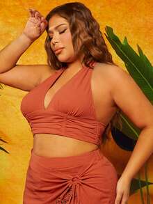 SHEIN SXY Plus Ruched Backless Crop Halter Top - Burnt Orange - View 5