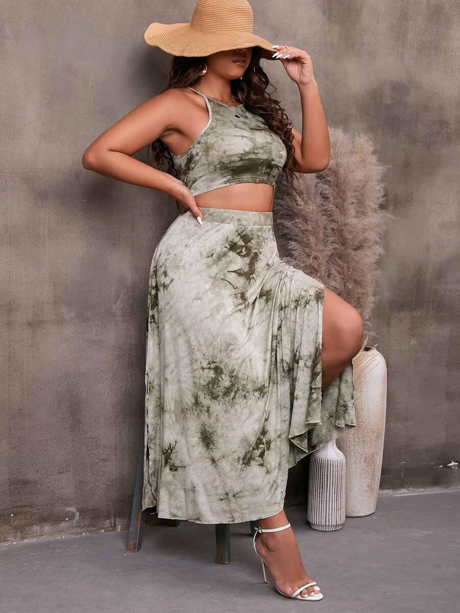 Breezaya 大碼紮染吊帶上衣和高衩半身裙