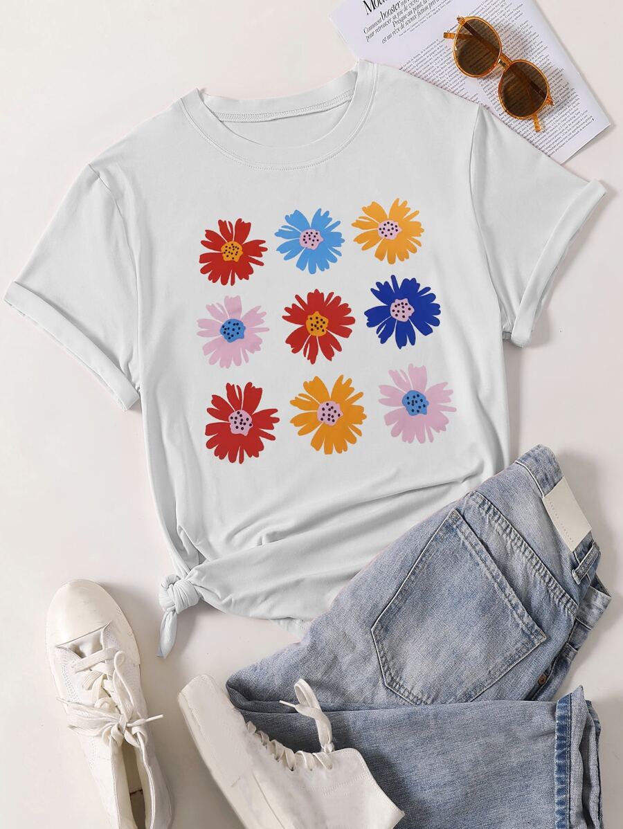 SHEIN LUNE Plus Floral Print Tee - White - View 1