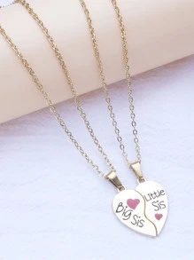 1對可愛標語和心形吊墜女士項鍊送給姐妹生日禮物 - 金色 - 查看 2