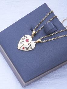 1對可愛標語和心形吊墜女士項鍊送給姐妹生日禮物 - 金色 - 查看 3
