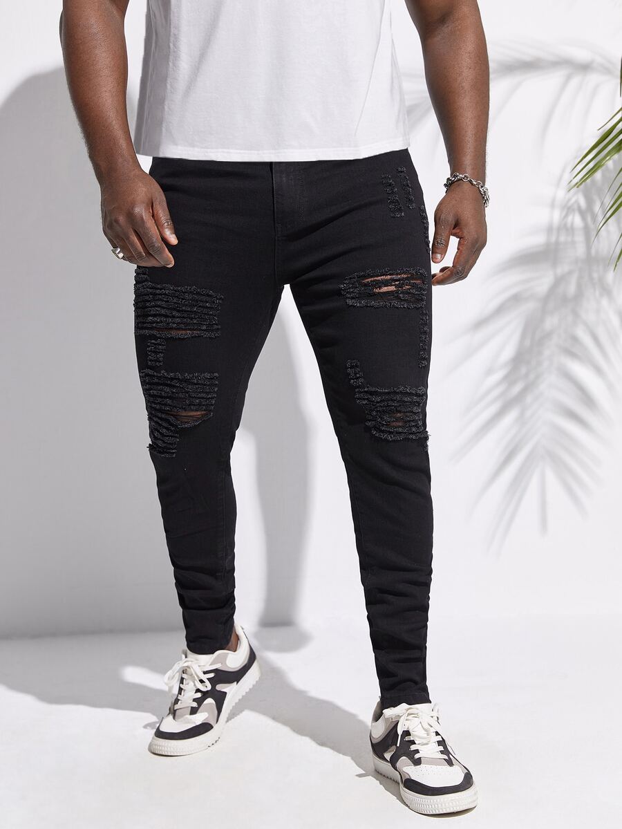 Manfinity Hombres Jeans ajustados desgarro - Negro - Ver 1