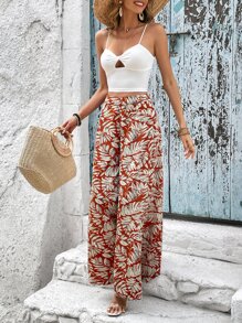 SHEIN VCAY 素色吊帶上衣和熱帶圖案闊腿褲 - 彩色 - 查看 3
