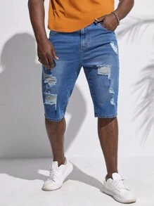 GENTILAND Hombres Shorts mezclilla bermuda desgarro crudo - Azul lavado medio - Ver 1