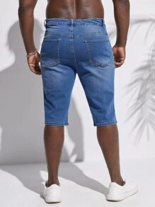 GENTILAND Hombres Shorts mezclilla bermuda desgarro crudo - Azul lavado medio - Ver 2