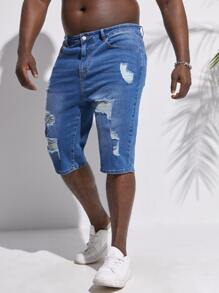 GENTILAND Hombres Shorts mezclilla bermuda desgarro crudo - Azul lavado medio - Ver 3