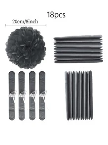 18入組/套純色紙燈籠派對用創意黑色懸掛紙巾絨球裝飾 - 黑色 - 查看 4