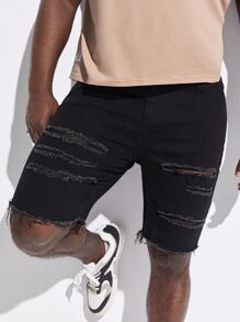 Manfinity Hombres Shorts mezclilla desgarro bajo crudo - Negro - Ver 1