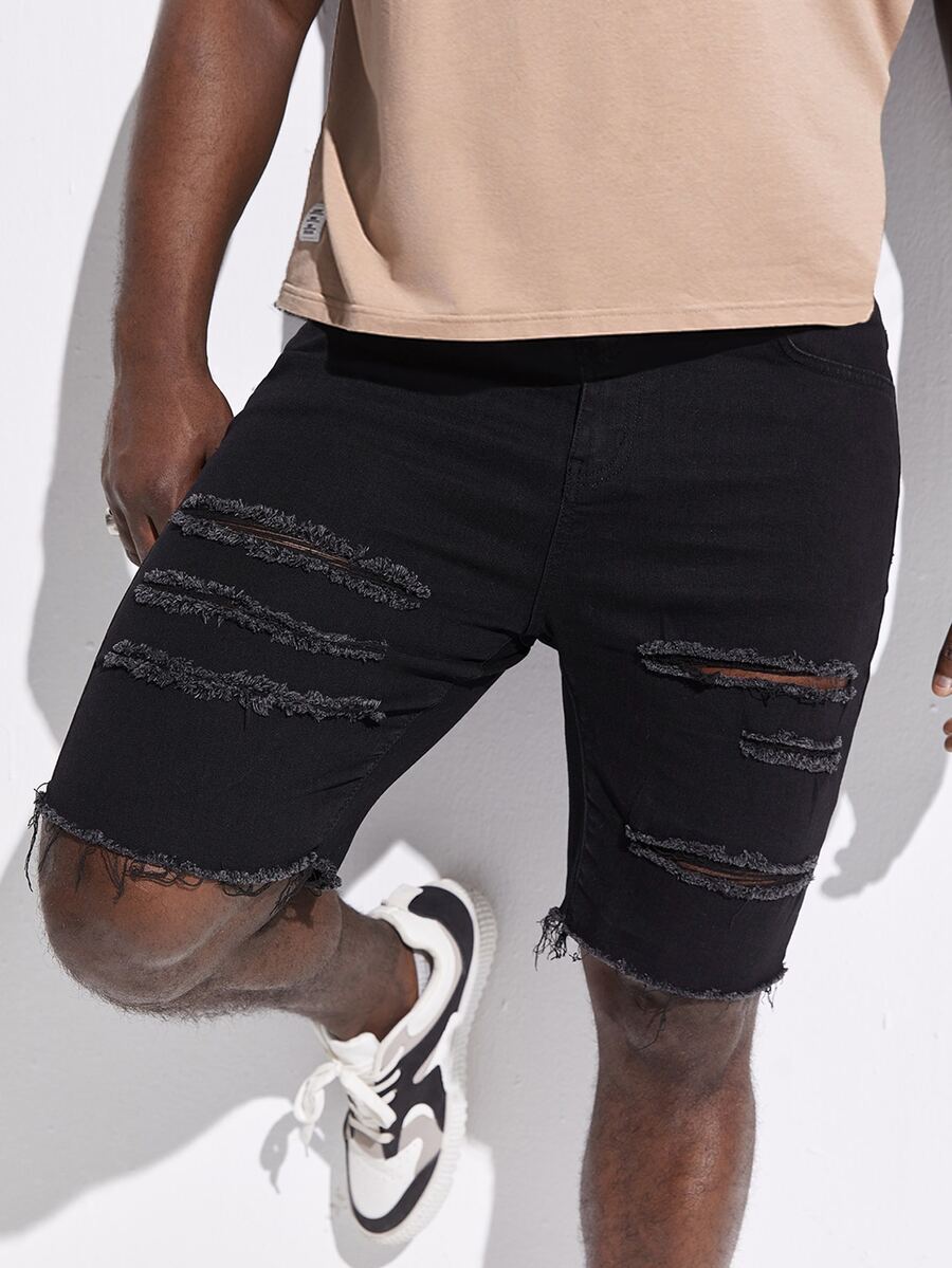 Manfinity Hombres Shorts mezclilla desgarro bajo crudo - Negro - Ver 1