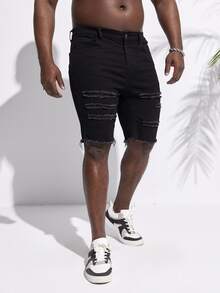 Manfinity Hombres Shorts mezclilla desgarro bajo crudo - Negro - Ver 5