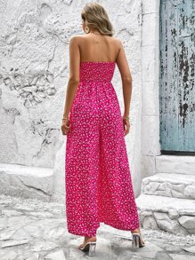 SHEIN VCAY Ditsy Floral Print Tube Wide Leg Jumpsuit - Hot Pink - View 2