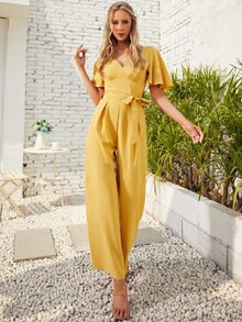 S BETRO Butterfly Sleeve Knot Side Wide Leg Jumpsuit - Yellow - View 4