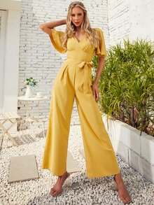 S BETRO Butterfly Sleeve Knot Side Wide Leg Jumpsuit - Yellow - View 5