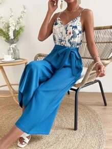 SHEIN VCAY 印花腰帶吊帶連體褲 - 藍白色 - 查看 3