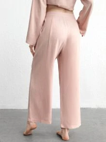 Ocili Leisure Natural Linen Comfy & Breathable Pink With Button Long Sleep Pant - Baby Pink - View 3