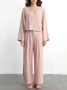 Ocili Leisure Natural Linen Comfy & Breathable Pink With Button Long Sleep Pant - Baby Pink - View 8