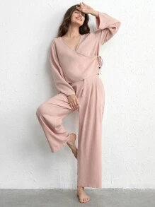 Ocili Leisure Natural Linen Comfy & Breathable Pink With Button Long Sleep Pant - Baby Pink - View 9