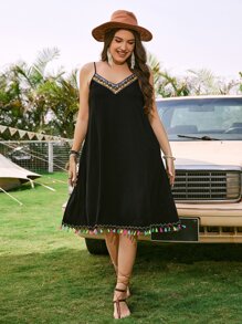 SHEIN VCAY Plus Contrast Geo Tape Tassel Trim Cami Dress - Black - View 2