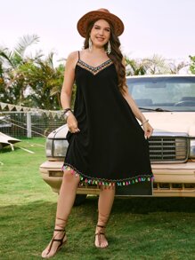 SHEIN VCAY Plus Contrast Geo Tape Tassel Trim Cami Dress - Black - View 5