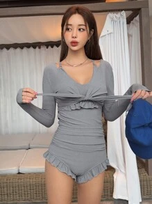 DAZY Ruffle Trim Summer Beach Bikini With Cover Up - Dusty Blue - View 1