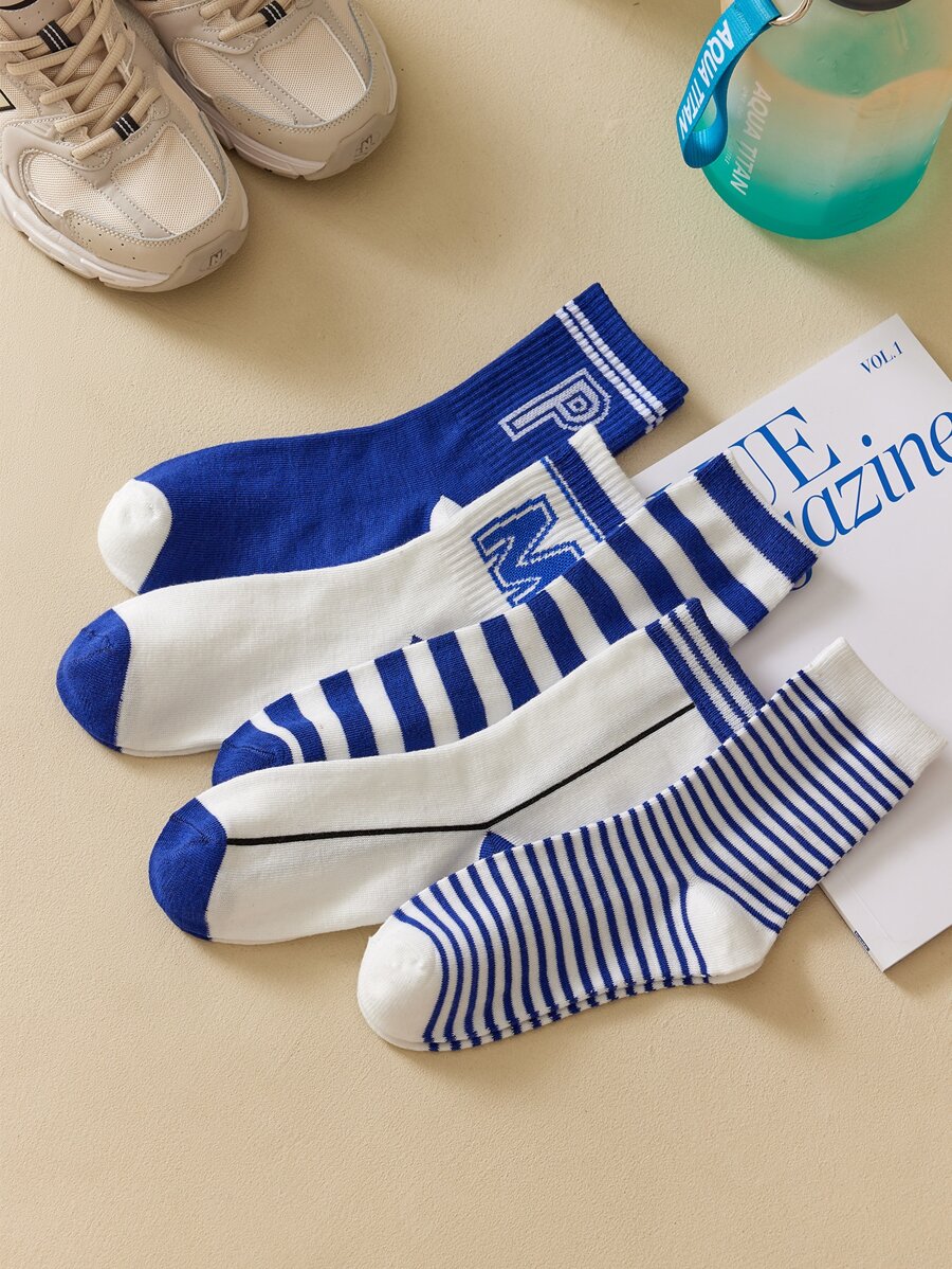 5雙男士條紋和字母圖案中筒襪 - 彩色 - 查看 1