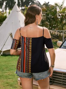 SHEIN VCAY Plus Geo Print Cold Shoulder Blouse - Multicolor - View 2