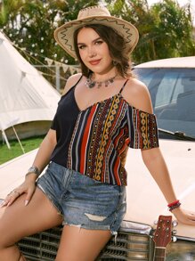 SHEIN VCAY Plus Geo Print Cold Shoulder Blouse - Multicolor - View 4