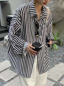 竖条纹落肩宽松衬衫，休闲春季款 - 黑與白 - 查看 6