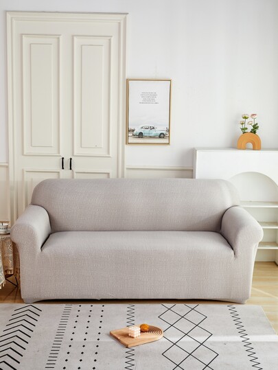 1pc Polyester Sofa Slipcover With 1pc Pillow Case Without Filler, Minimalist Grey Stretchy Sofa Slipcover For All Season