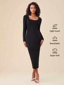 SHEIN BASICS Solid Square Neck Bodycon Dress - Black - View 1