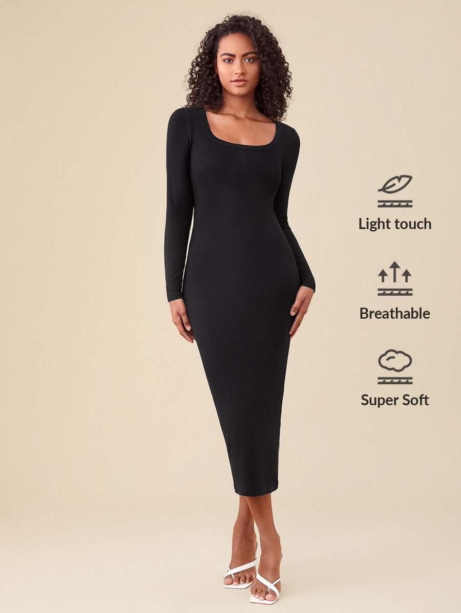 SHEIN BASICS Solid Square Neck Bodycon Dress - Black - View 1