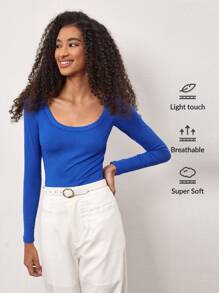 SHEIN BASICS Camiseta Ajustada De Punto Acanalado Con Cuello Redondo - Azul - Ver 1