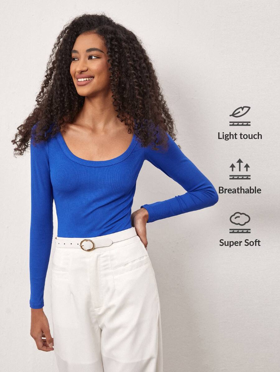 SHEIN BASICS Camiseta Ajustada De Punto Acanalado Con Cuello Redondo - Azul - Ver 1