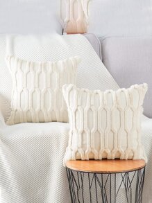 1入組編織織物極簡白色紋理質感毛茸茸裝飾抱枕套不附帶內芯適用於沙發 - 米色 - 查看 1