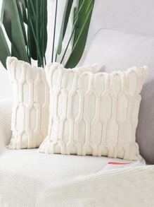 1入組編織織物極簡白色紋理質感毛茸茸裝飾抱枕套不附帶內芯適用於沙發 - 米色 - 查看 4