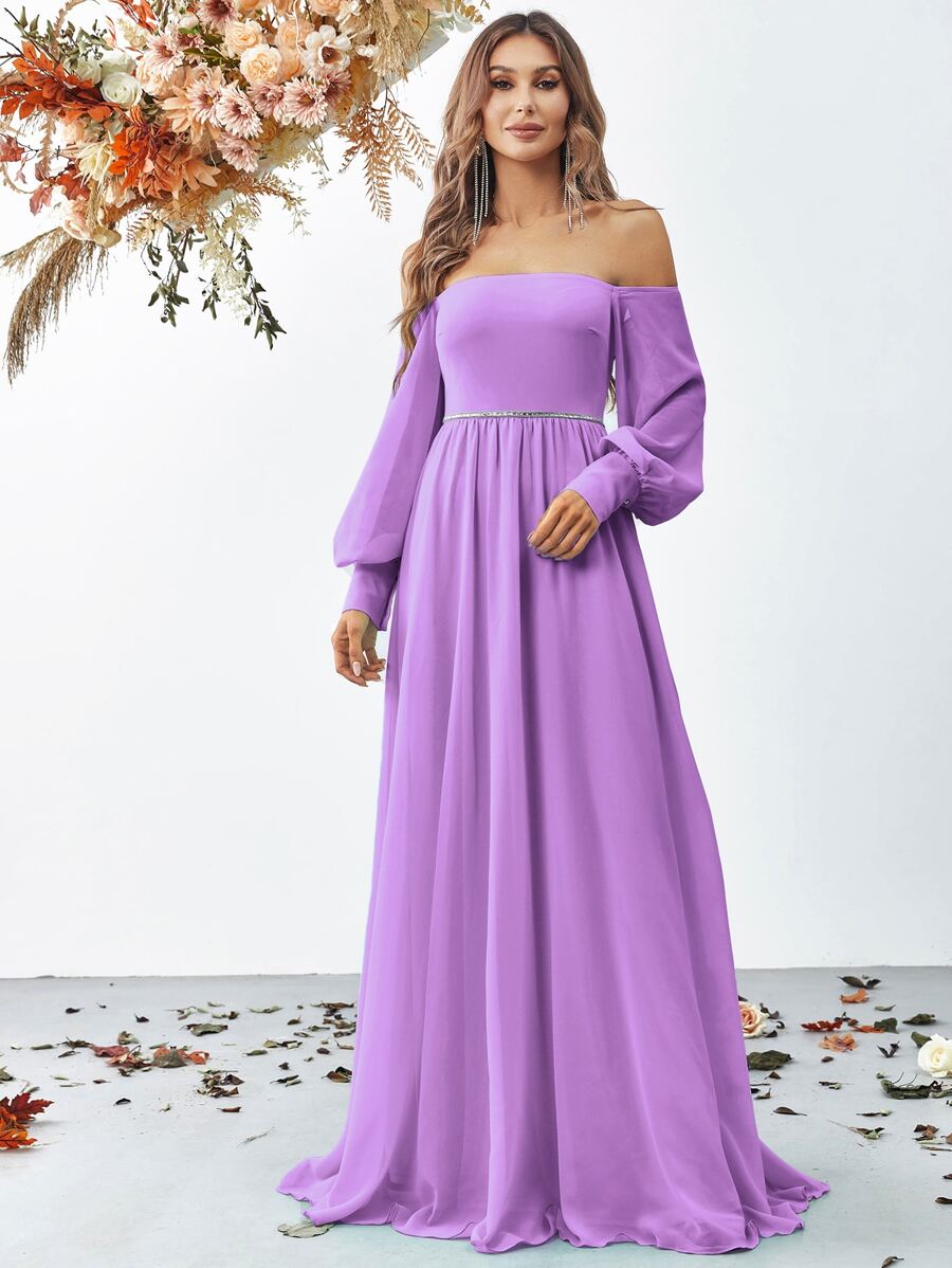 Off Shoulder Lantern Sleeve Formal Dress - Purple - View 1
