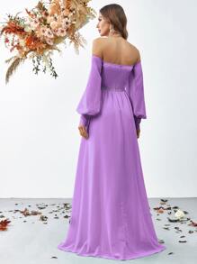 Off Shoulder Lantern Sleeve Formal Dress - Purple - View 2