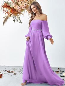 Off Shoulder Lantern Sleeve Formal Dress - Purple - View 3