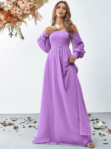 Off Shoulder Lantern Sleeve Formal Dress - Purple - View 4