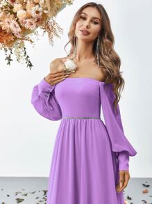 Off Shoulder Lantern Sleeve Formal Dress - Purple - View 5