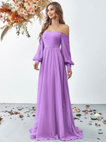 Off Shoulder Lantern Sleeve Formal Dress - Purple - View 6