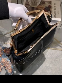 Stitch Detail Satchel Bag - Black - View 8