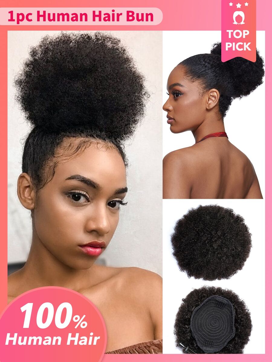 1pc Drawstring Ponytail Kinky Curly 1B Natural Black Color Remy Natural Black Color Human Hair Extension Puff Bun For Women Hair Extensions - Natural Black - View 1
