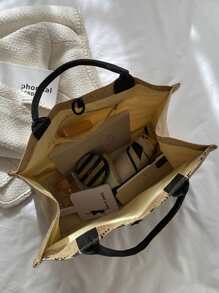 3pcs Graphic Print Linen Shopper Bag Set - Khaki - View 5