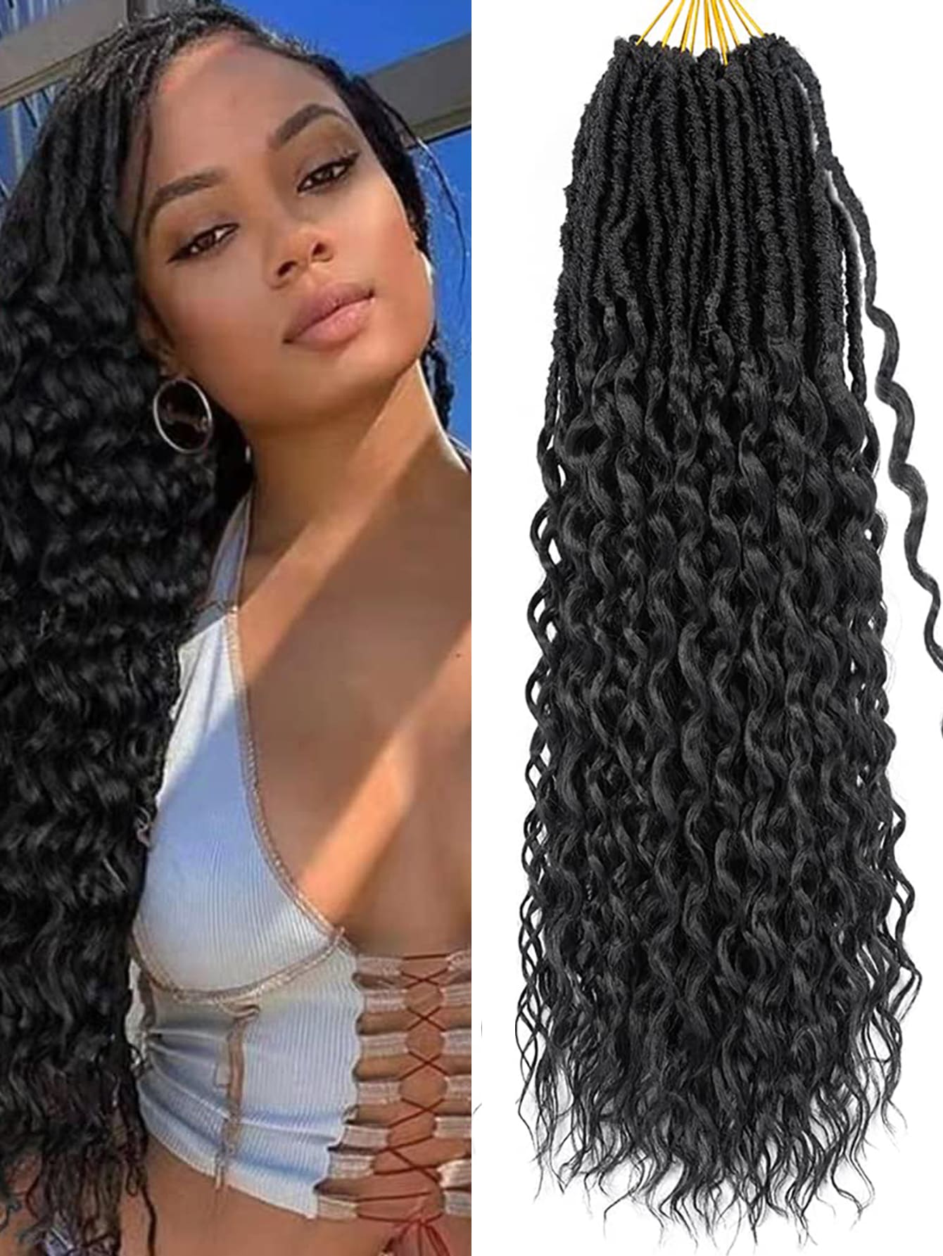 1入組捲髮人造Locs鉤針頭髮，柔軟Locs預環女神Locs鉤針頭髮新Locs捲曲深波浪鉤針Locs合成接發 - 黑色 - 查看 1