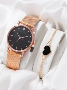 Heart Decor Bracelet & Watch - Rose Gold - View 1