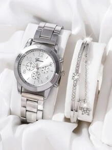 1入組三錶盤圓形指針石英手錶和1入組手環 - 銀色 - 查看 1